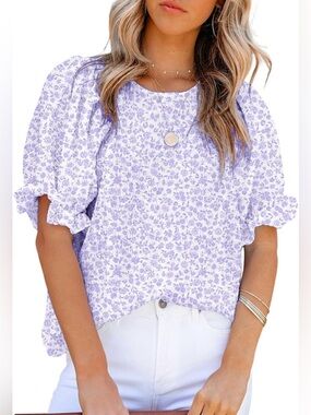 Women's Lavender Floral Puff-Sleeve Top business casual